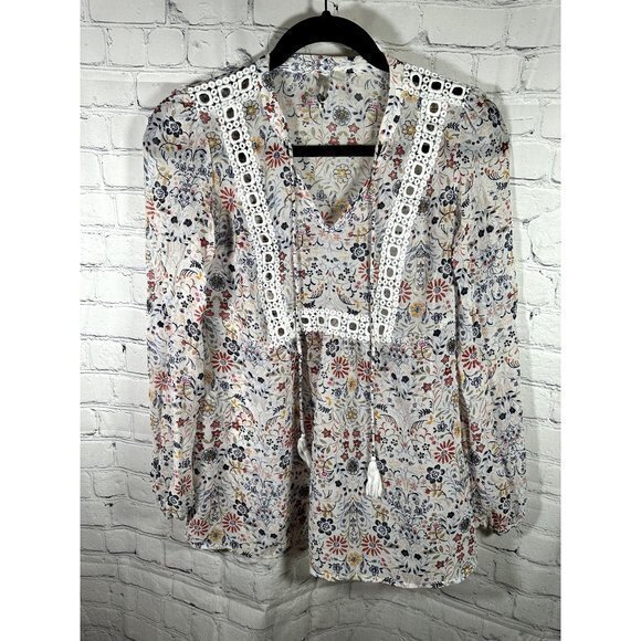 LAUREN CONRAD LADIES LONG SLEEVE FLORAL SHEER  BLOUSE (XS)   EUC    C-170‎ - Picture 1 of 6